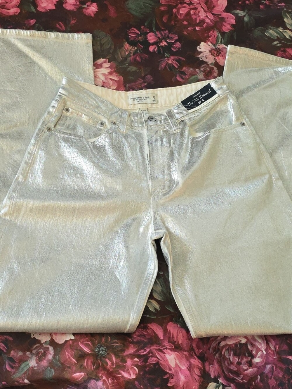Abercrombie & Fitch Metallic Silver Wide-Leg Jeans